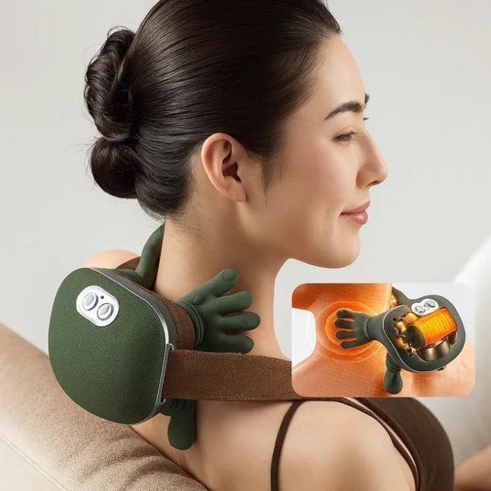 Compact hand shoulder neck massager placed in living room setting in Qatar