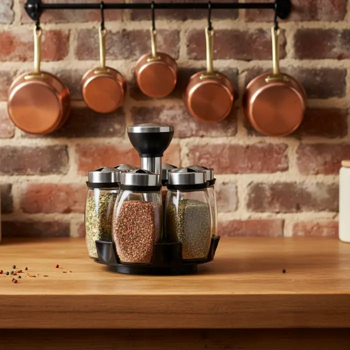 Glass jars spice containers set arranged on kitchen counter with rotating stand in Homesouq Qatar