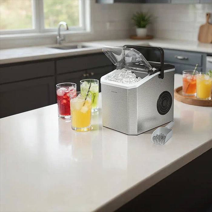 Green Lion ice maker on kitchen counter with colorful drinks and ice cubes in Homesouq Qatar