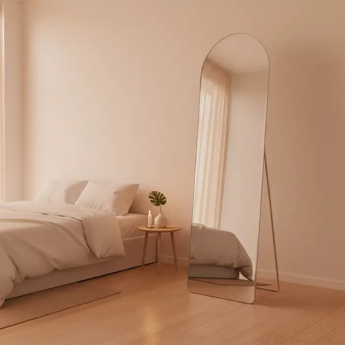 Long mirror beside bed creating warm bedroom decor aesthetic Homesouq Qatar