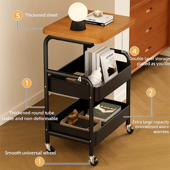 Side table with storage baskets placed next to sofa as living room organizer Qatar