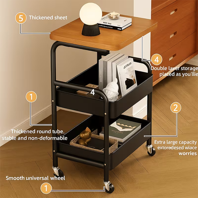 Side table with storage baskets placed next to sofa as living room organizer Qatar