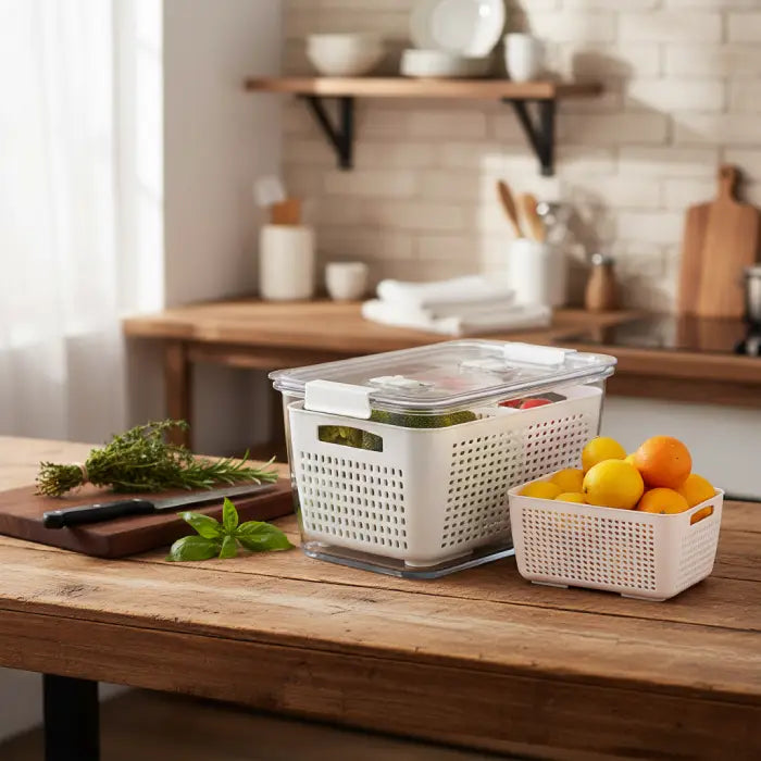 Storage boxes placed on kitchen table with fruits and modern interior background Homesouq Qatar