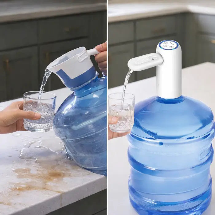 Before messy water pouring and after using foldable water pump dispenser for clean flow in Homesouq Qatar