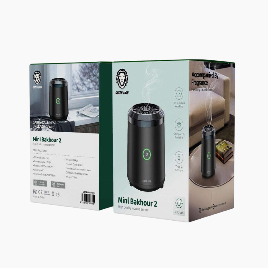 The Green Lion Mini Bakhour 2 Incense Burner is portable with a 2000mAh battery for 10–15 uses Type-C Charge 
