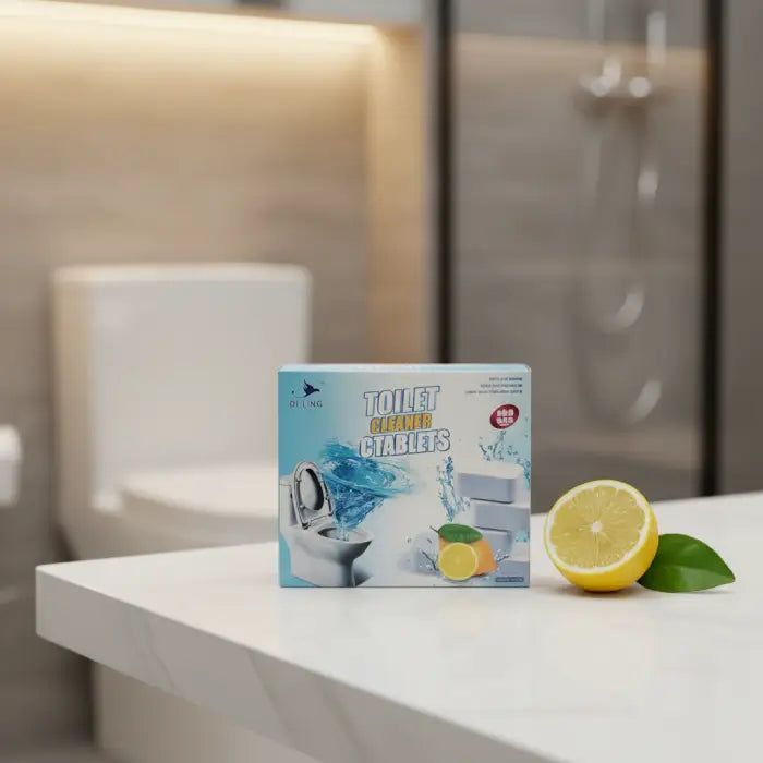Toilet cleaner tablets placed on bathroom counter with fresh lemon concept in toilet cleaner Homesouq Qatar