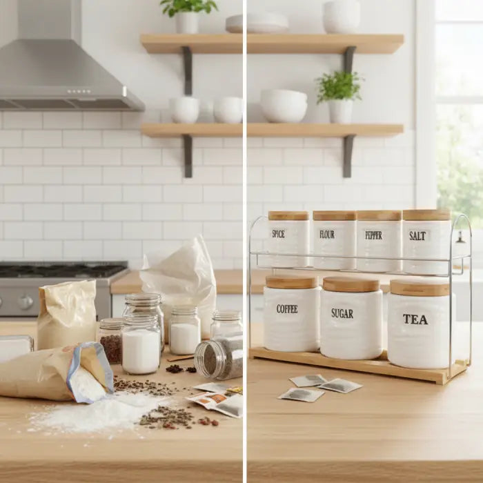 Messy kitchen counter with scattered items before organizing using ceramic jar storage Homesouq Qatar