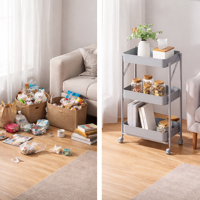 3 layer foldable metal storage rack before and after space saving setup in home Homesouq Qatar