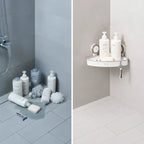 Messy vs organized bathroom space using corner shelf storage solution in corner shelf Homesouq Qatar