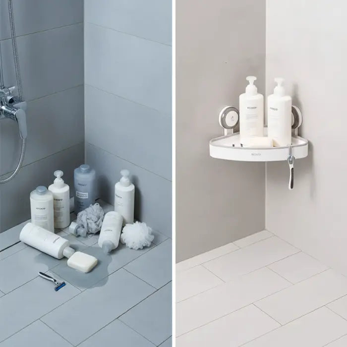 Messy vs organized bathroom space using corner shelf storage solution in corner shelf Homesouq Qatar