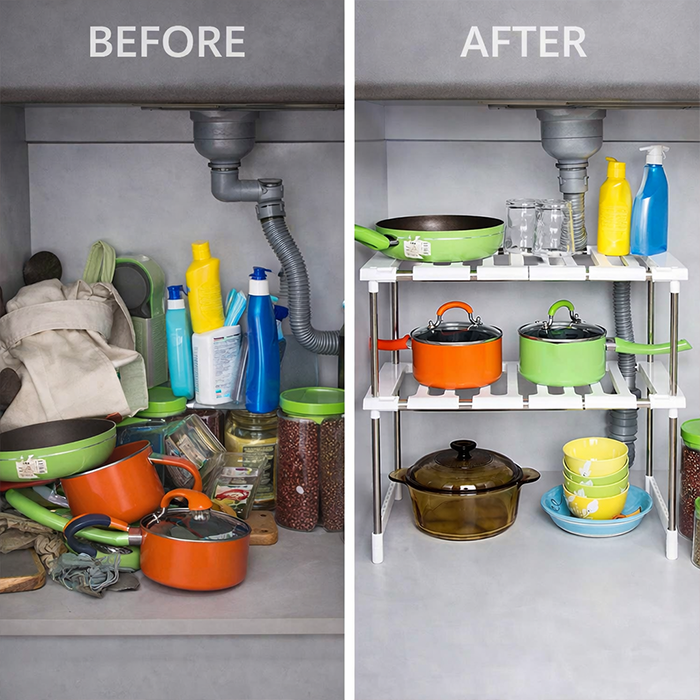 Before and after under kitchen cabinets organization with adjustable storage rack under kitchen sink Qatar