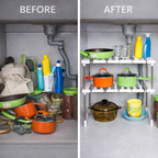 Before and after under kitchen cabinets organization with adjustable storage rack under kitchen sink Qatar