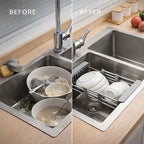 Before and after kitchen sink organization using expandable dish rack for dish washing sink in Homesouq Qatar