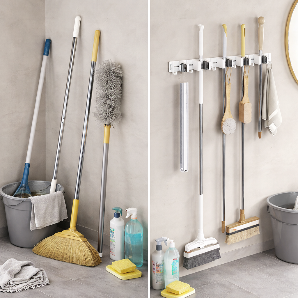 Before and after wall organization using Ecoco adhesive mop and broom holder for neat cleaning tool storage Homesouq Qatar