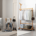 before and after use of bamboo garment rack with coat hanger organizing clothes neatly in Homesouq Qatar