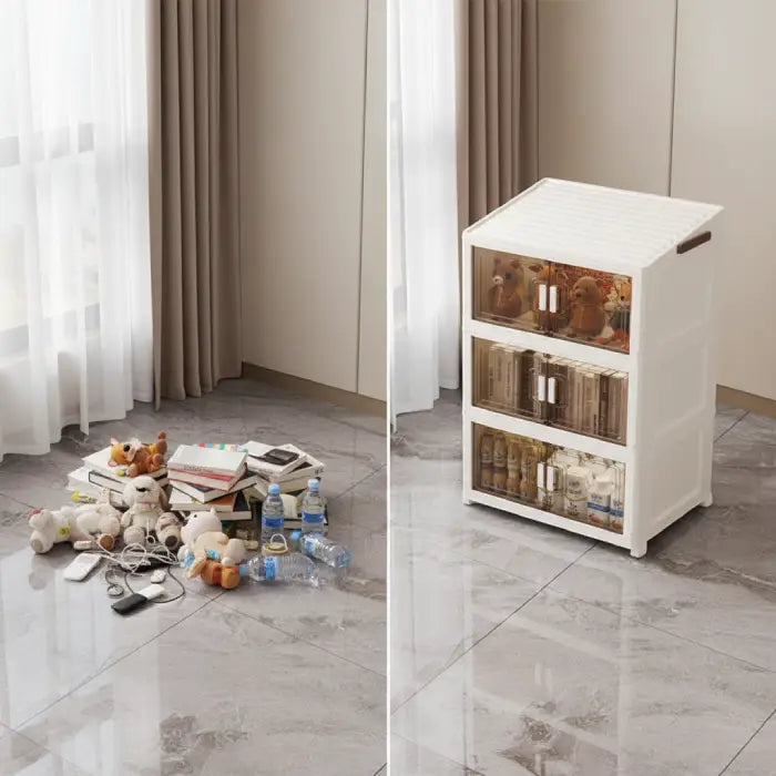 Before cluttered room vs after using stackable storage cabinet with wheels for organized space in Homesouq Qatar