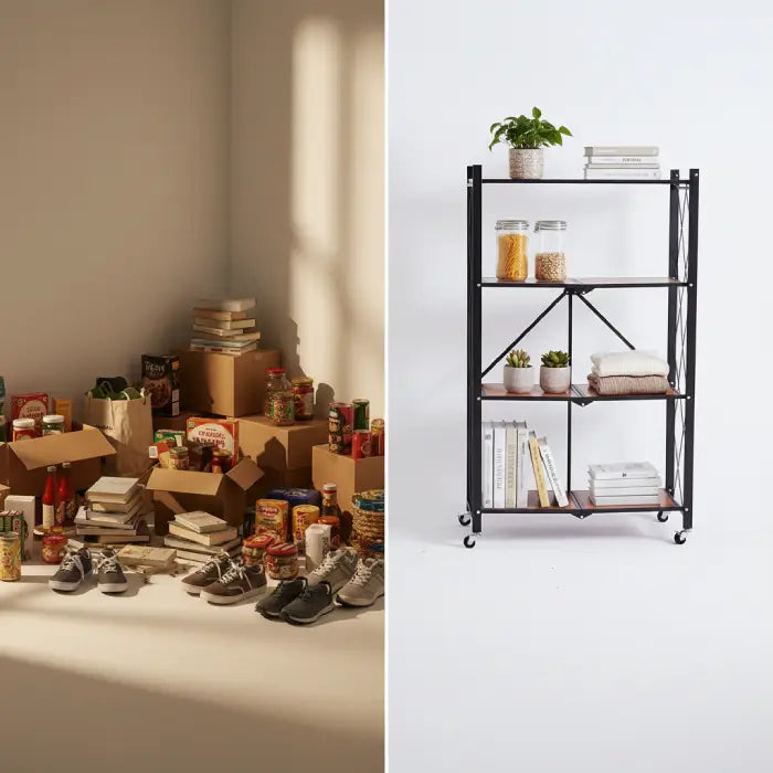 Cluttered room vs organized space using foldable wooden shelf with wheels in Homesouq Qatar