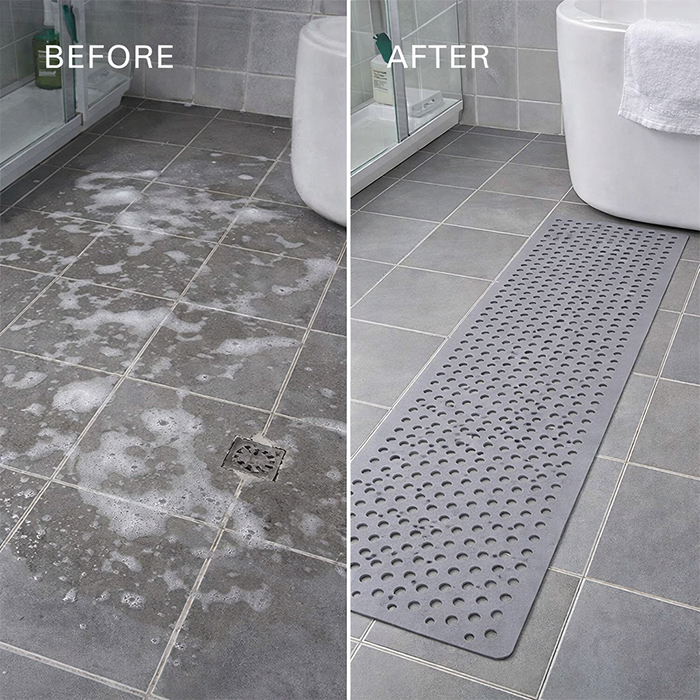 Before and after bathroom floor safety with non slip extra long shower mat preventing slips in wet areas Qatar