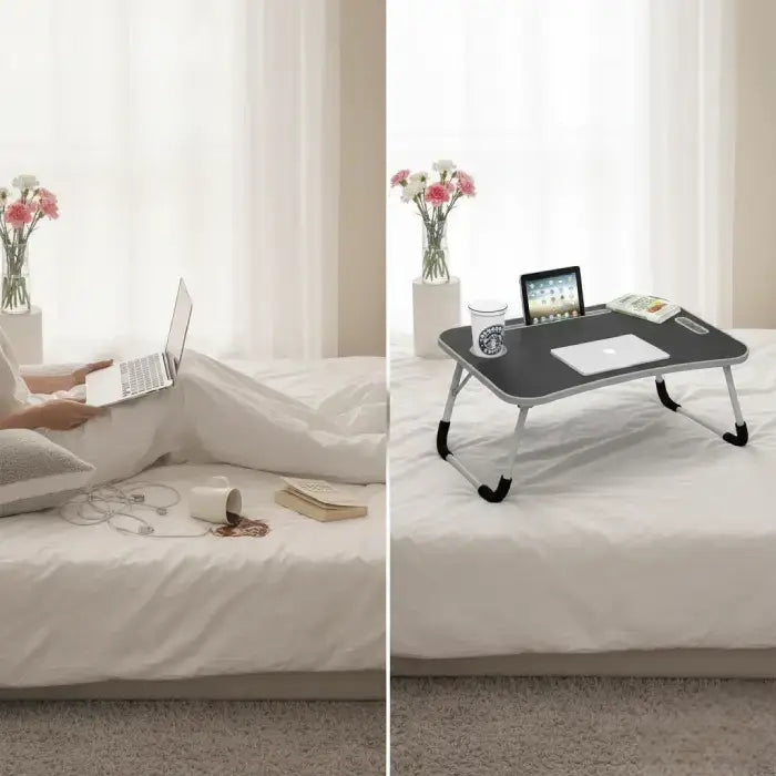 Before and after using laptop table for bed showing messy setup vs organized workspace in Homesouq Qatar 