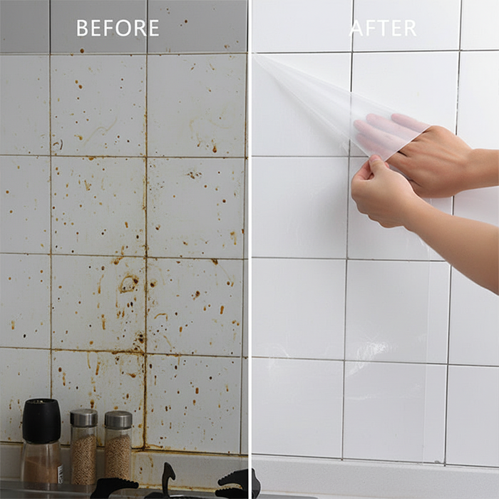 Before and after wallpaper kitchen application showing clean oil proof adhesive wallpaper protecting wall surface Qatar