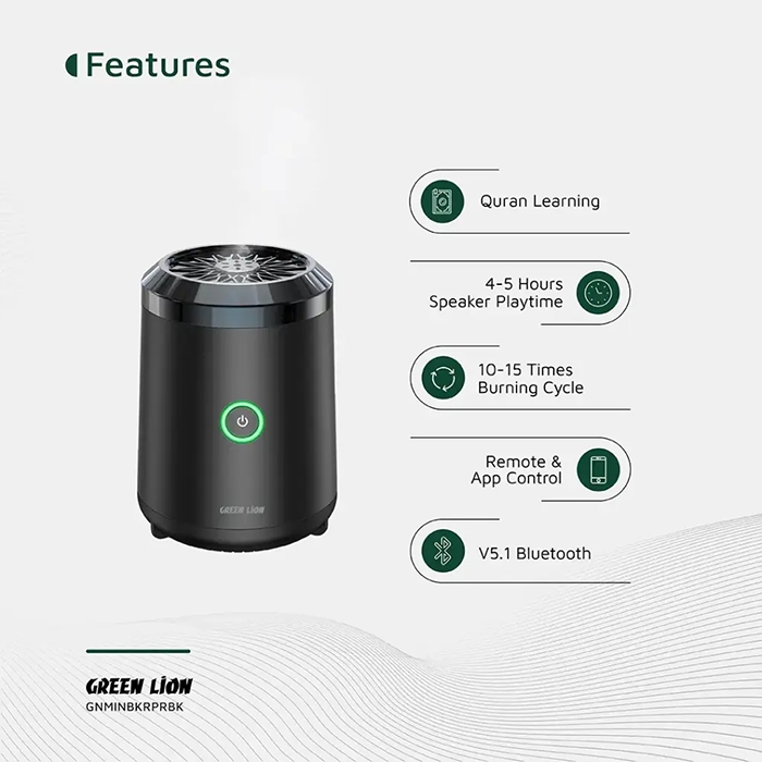 Green Lion Mini Bakhour Pro With Quran Speaker - Black