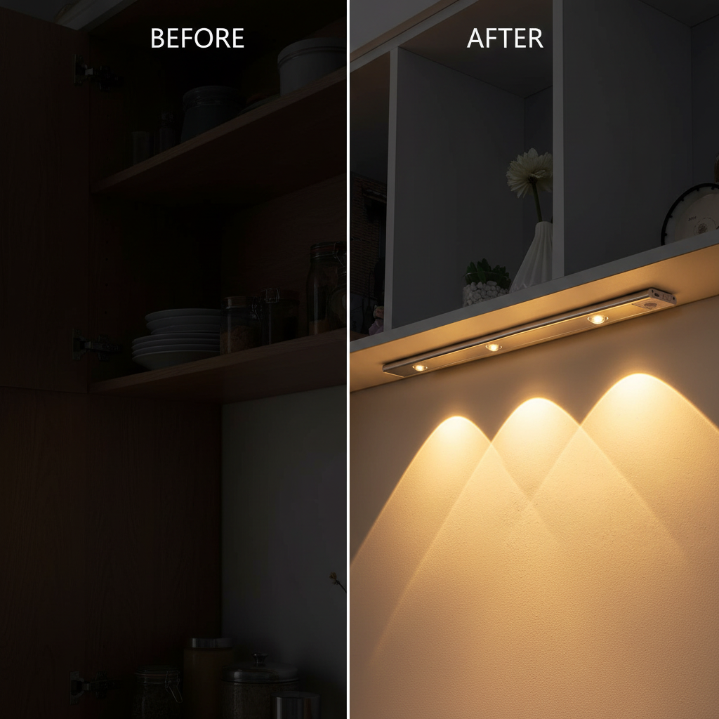 LED bar light before and after showing bright rechargeable under cabinet LED lighting in kitchen cabinet Qatar