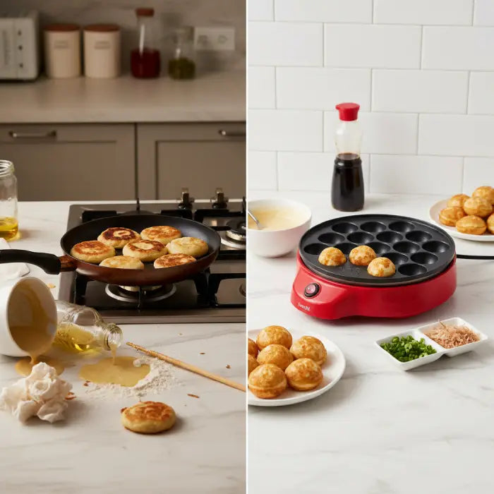 Messy pancake cooking on pan vs Saachi electric takoyaki maker for neat round dumplings in kitchen Homesouq Qatar