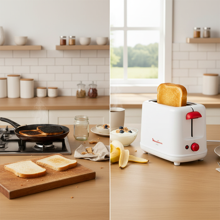 Before and after breakfast setup using Moulinex 850W toaster showing perfectly toasted bread in kitchen Homesouq Qatar