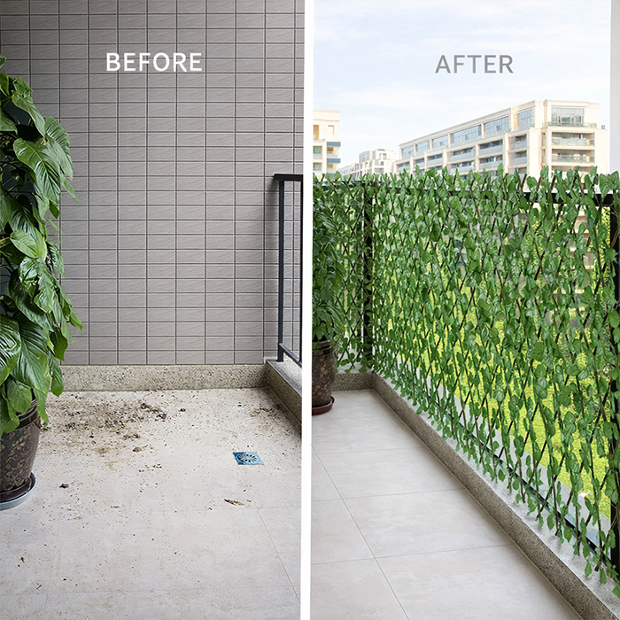 Plain wall or fence before and enhanced garden privacy with artificial ivy leaf expandable fence in Homesouq Qatar