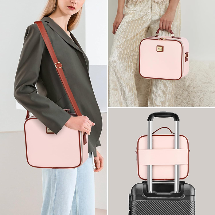 Travel-friendly makeup organizer case with handle and trolley attachment Qatar