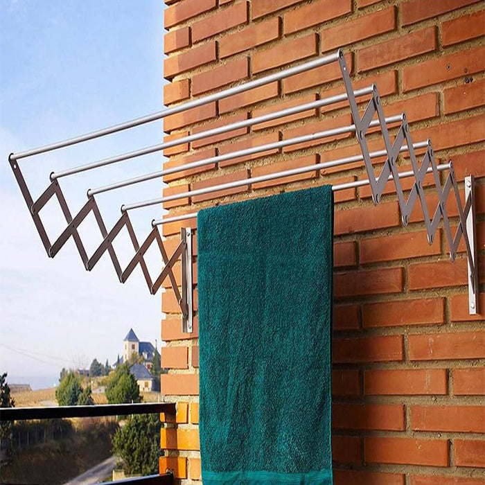 Wall Mounted Clothes Drying Rack, 5 Bar Stainless Steel Accordion Retractable Silver Drying Hanging Towels