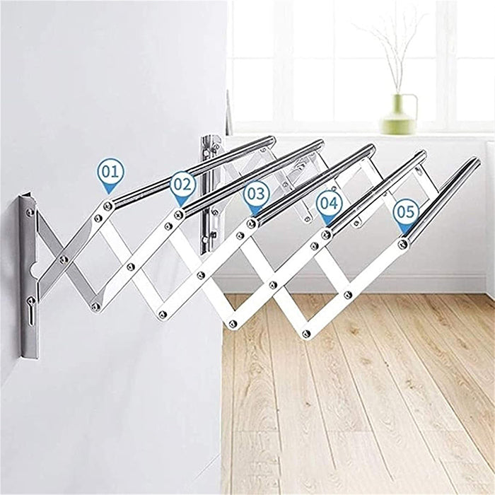 Wall Mounted Clothes Drying Rack, 5 Bar Stainless Steel Accordion Retractable Silver Drying Hanging Towels 5 bars