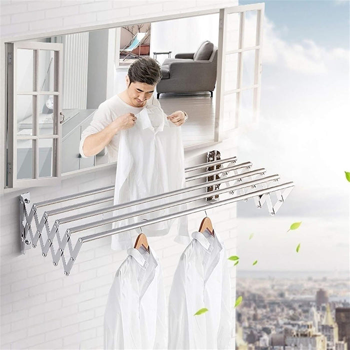 Wall Mounted Clothes Drying Rack, 5 Bar Stainless Steel Accordion Retractable Silver Drying Hanging Towels wall mounted