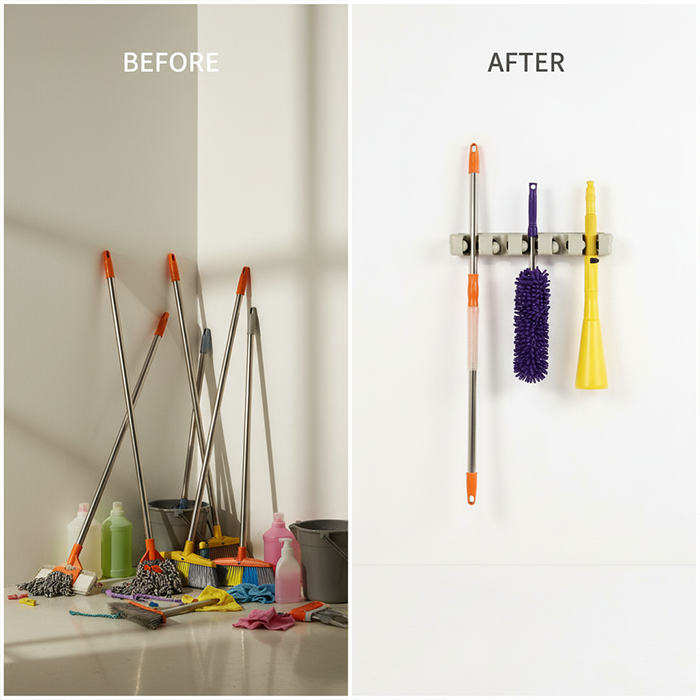 Before and after broom and mop holder showing mop organizer keeping cleaning tools neatly mounted on wall Qatar