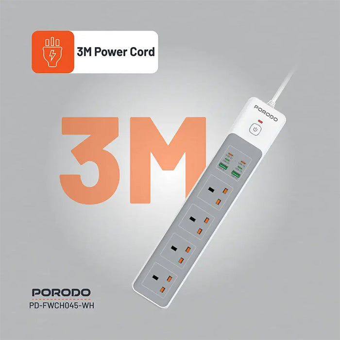Porodo power strip with 3 meter power cord providing flexible power extension for indoor use in Qatar