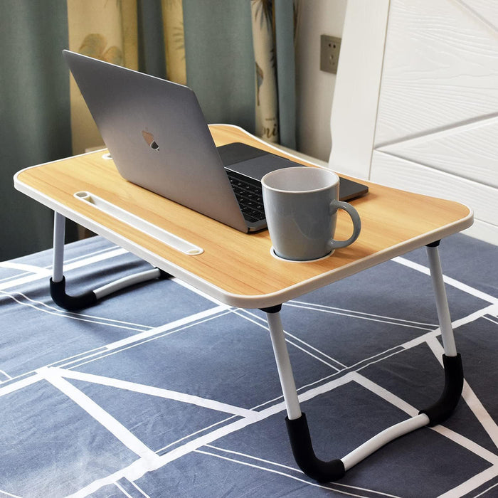 Wood Foldable Laptop Table with Cup Holder, Folding Standing Laptop Desk