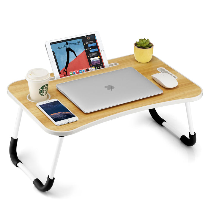 Wood Foldable Laptop Table with Cup Holder, Folding Standing Laptop Desk Spacious Surface