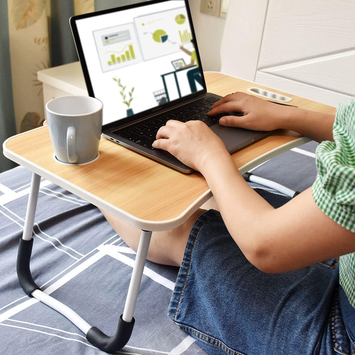 Wood Foldable Laptop Table with Cup Holder, Folding Standing Laptop Desk durable