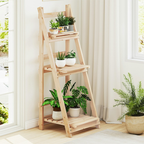 Wooden indoor plant stand holding multiple plants near window allowing sunlight exposure in Qatar
