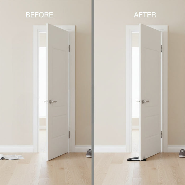 Before and after use of door guard showing gap vs sealed bottom protection in home entry Qatar