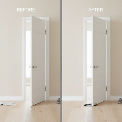 Before and after use of door guard showing gap vs sealed bottom protection in home entry Qatar