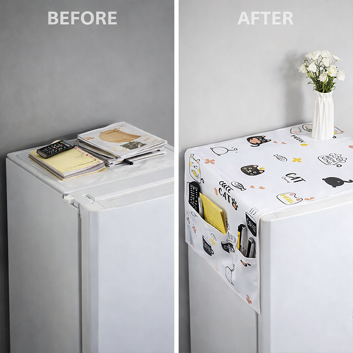 Before and after refrigerator dust cover with side storage bag protecting washing machine and fridge in Qatar